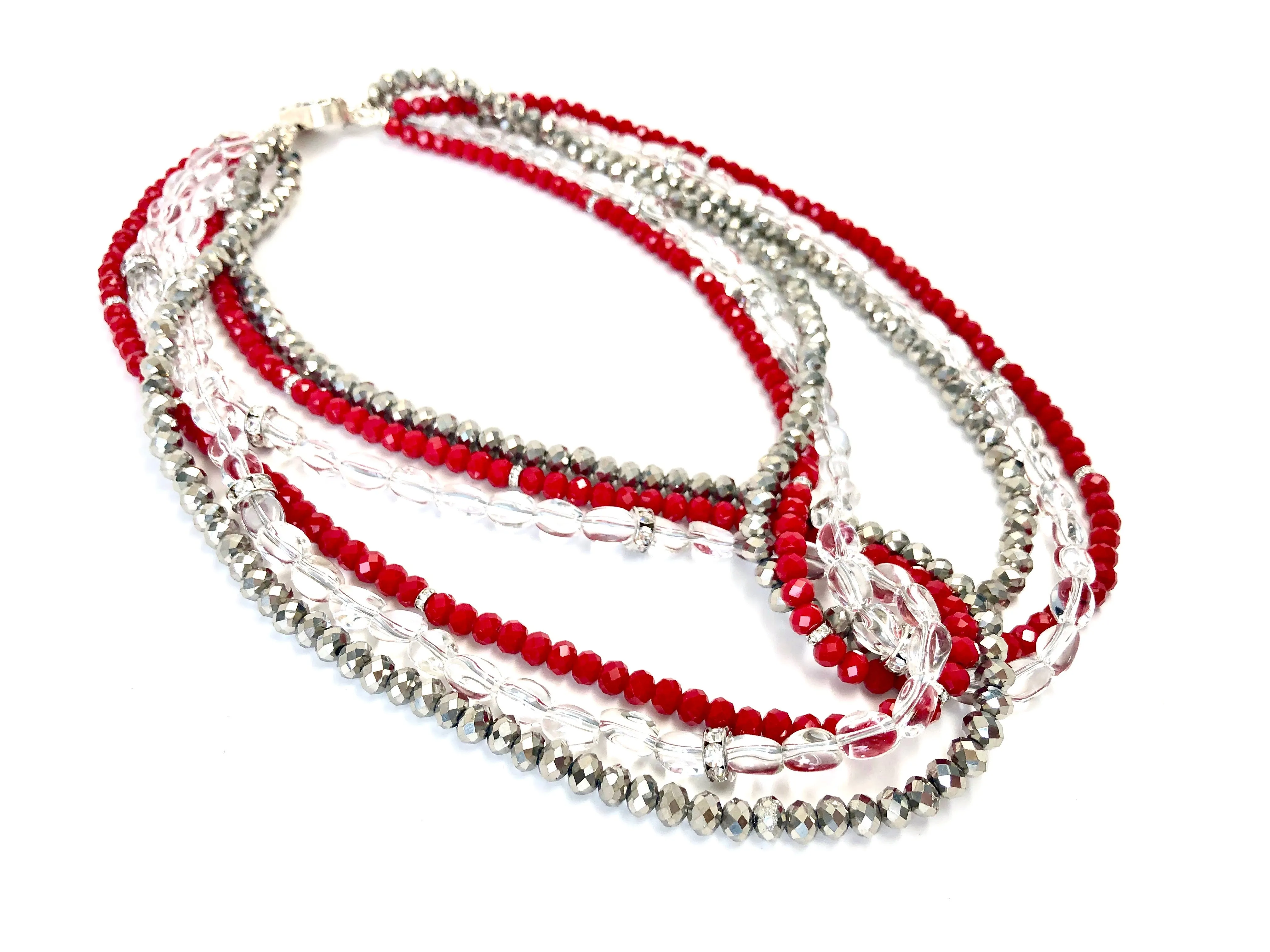 Red, Silver & Clear Quartz Triple Strand Twist Necklace