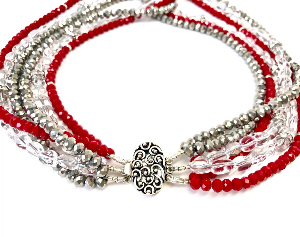 Red, Silver & Clear Quartz Triple Strand Twist Necklace