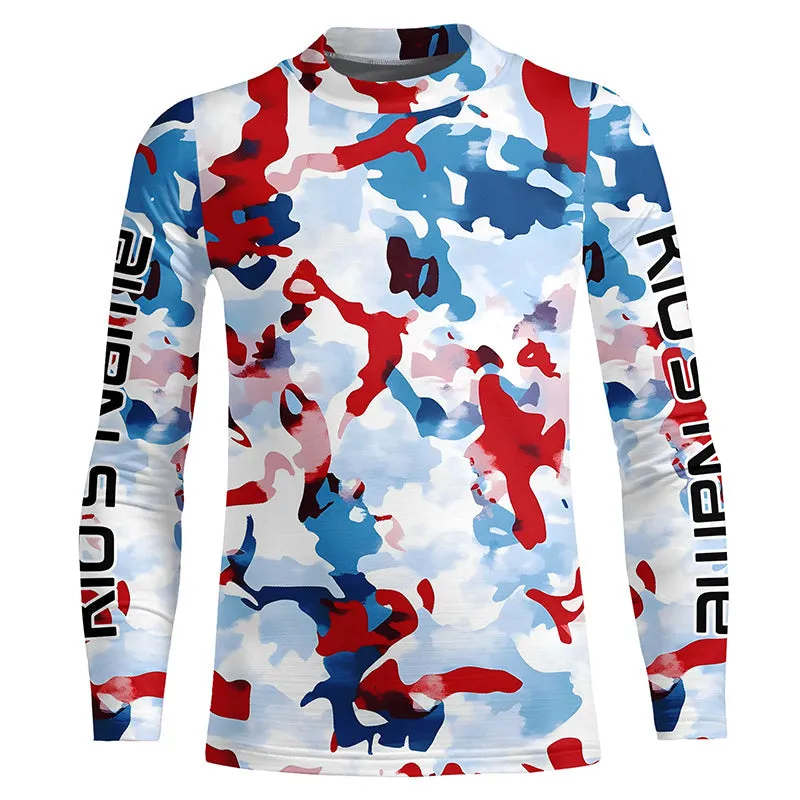 Red, White And Blue Camo Custom Patriotic Long Sleeve Fishing Shirts, Usa Fishing Jerseys IPHW7341