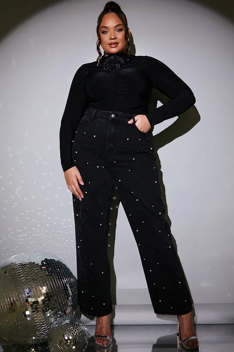 Rhinestone and Pearl Studded Wide Leg Jeans - Black