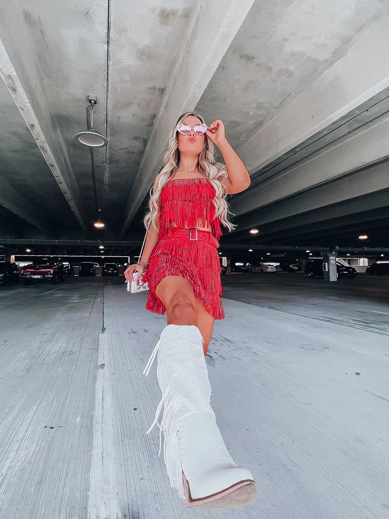 Rhinestone Diva Fringe Mini Skirt - Red