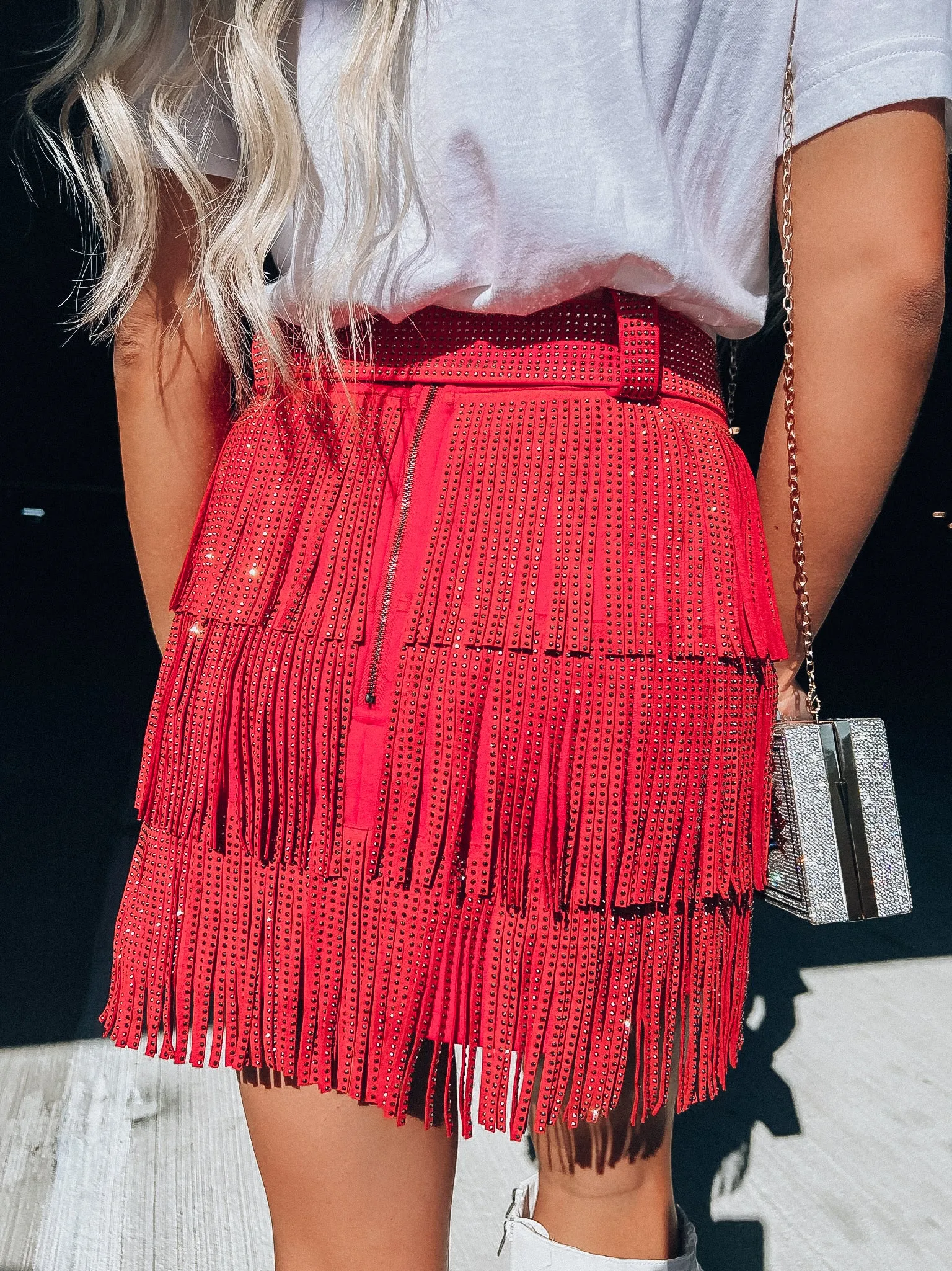 Rhinestone Diva Fringe Mini Skirt - Red