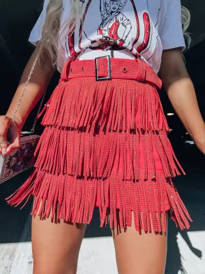 Rhinestone Diva Fringe Mini Skirt - Red