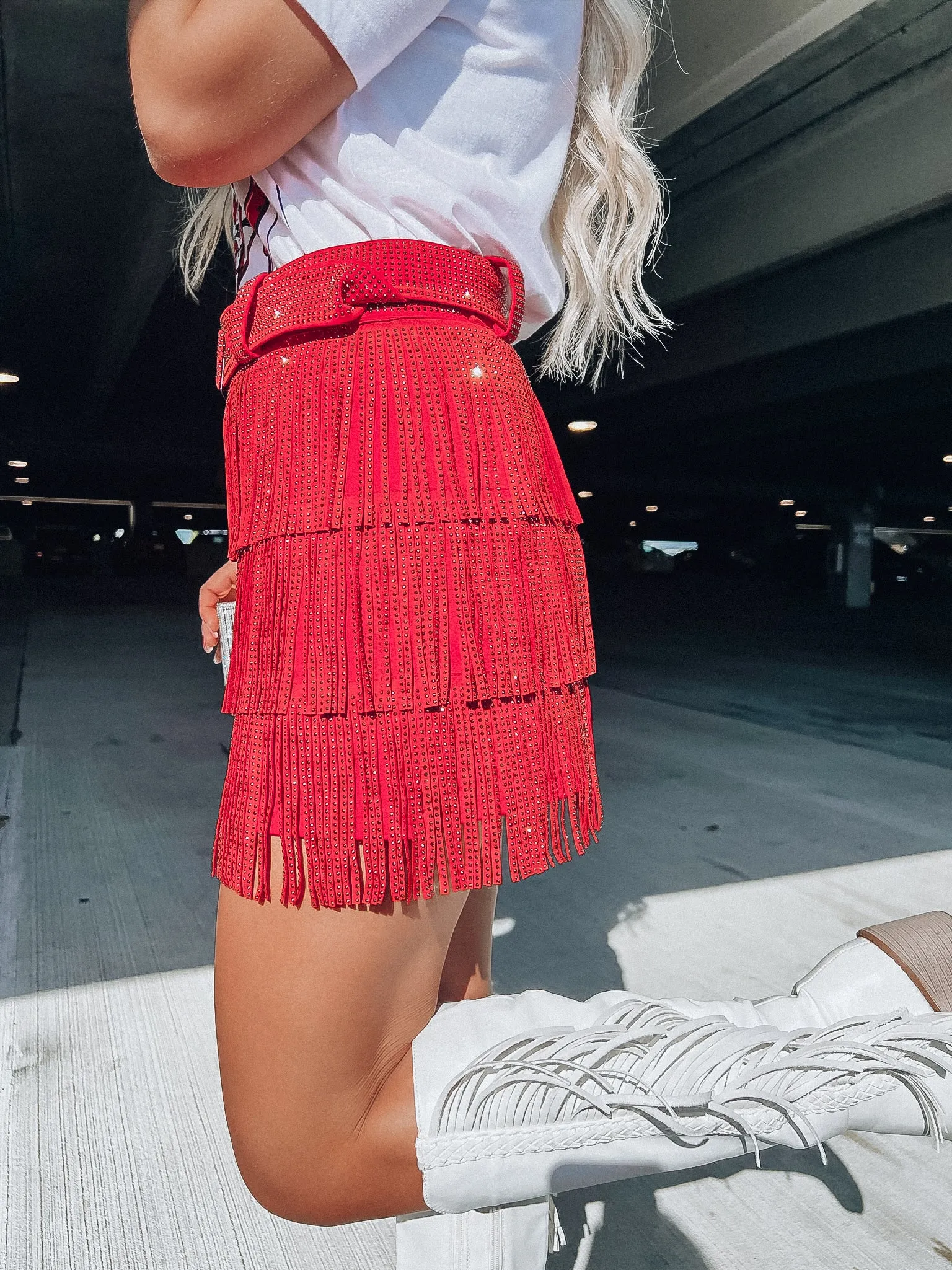 Rhinestone Diva Fringe Mini Skirt - Red
