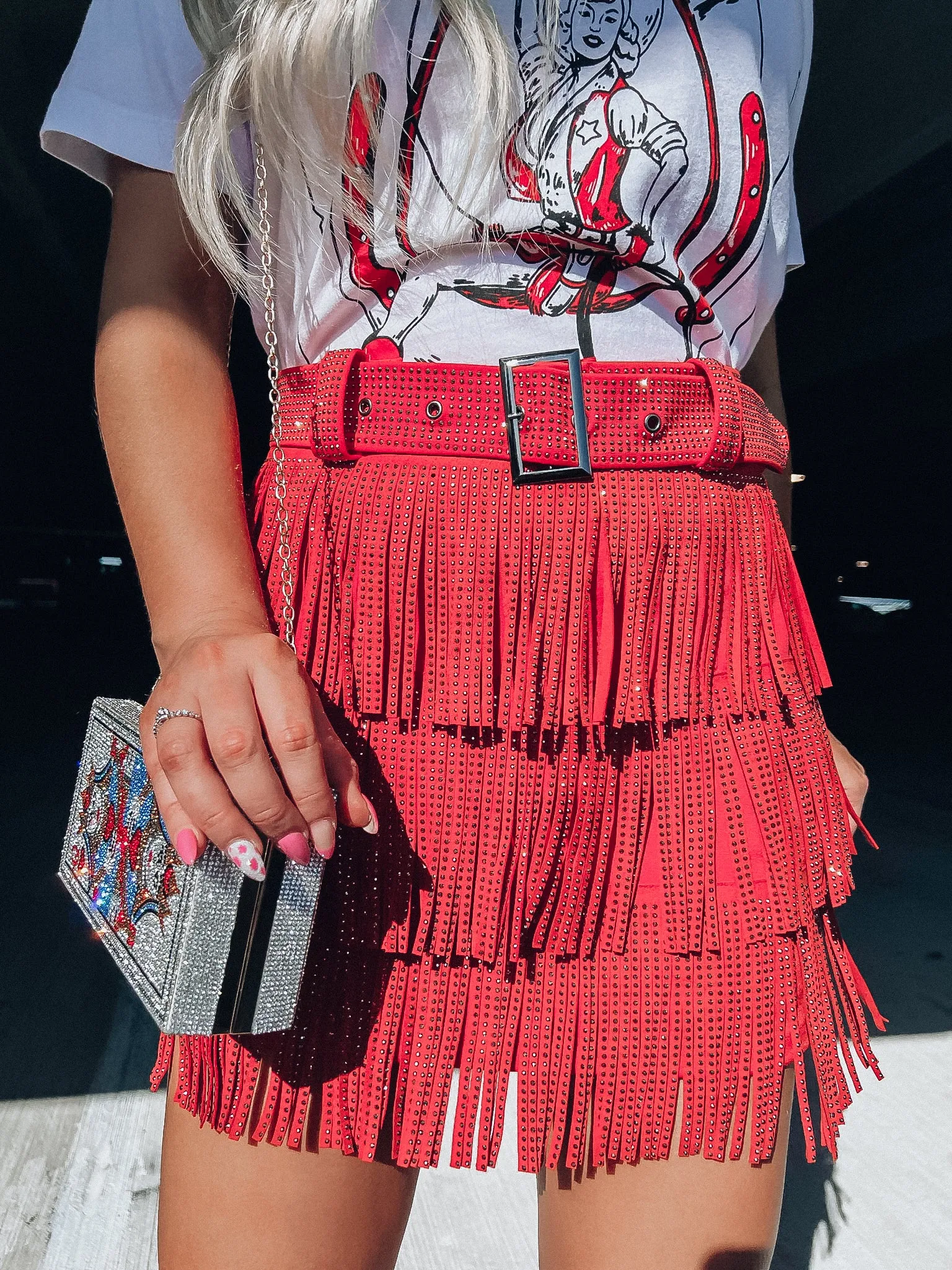 Rhinestone Diva Fringe Mini Skirt - Red