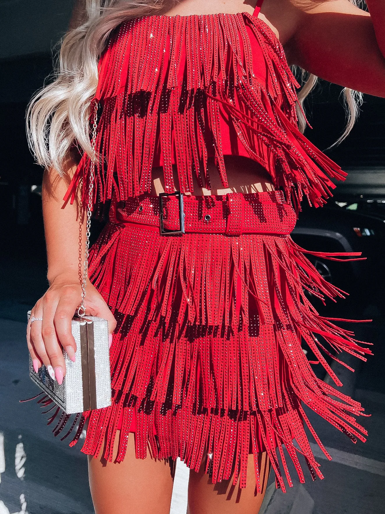 Rhinestone Diva Fringe Mini Skirt - Red