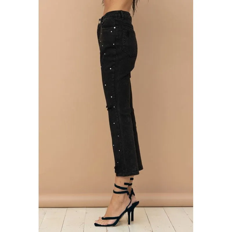 Rhinestone Studded Cropped Black Denim Jeans