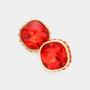 Rhinestone Trimmed Red Square Stone Stud Earrings  | Interview Earrings | 575951