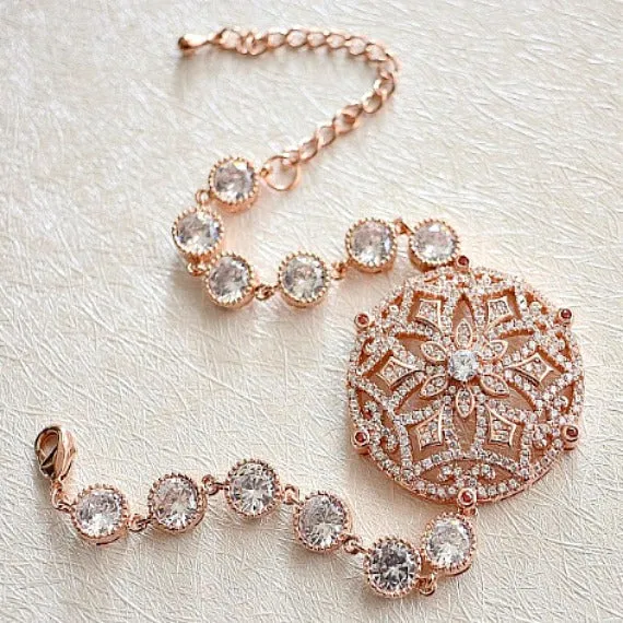Rose Gold Micro Pave CZ Crystal Bridal Bracelet. Rose Gold Art Deco Wedding Bracelet. Vintage Style Wedding Bracelet. Blush Wedding.