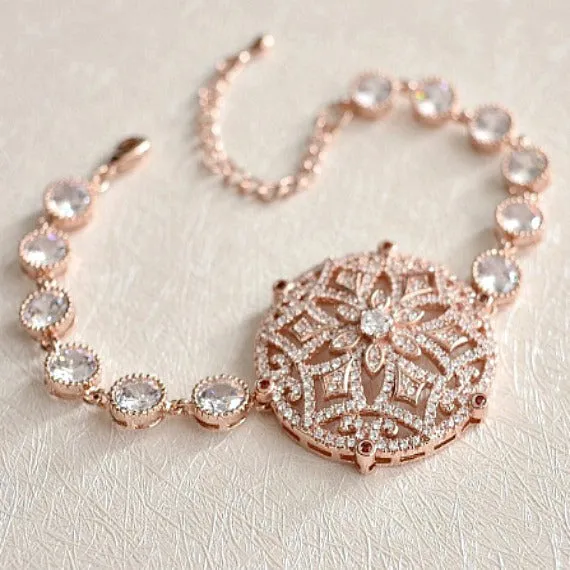 Rose Gold Micro Pave CZ Crystal Bridal Bracelet. Rose Gold Art Deco Wedding Bracelet. Vintage Style Wedding Bracelet. Blush Wedding.
