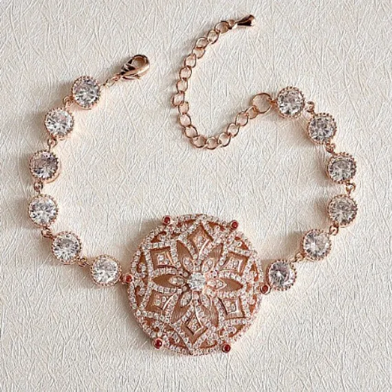 Rose Gold Micro Pave CZ Crystal Bridal Bracelet. Rose Gold Art Deco Wedding Bracelet. Vintage Style Wedding Bracelet. Blush Wedding.