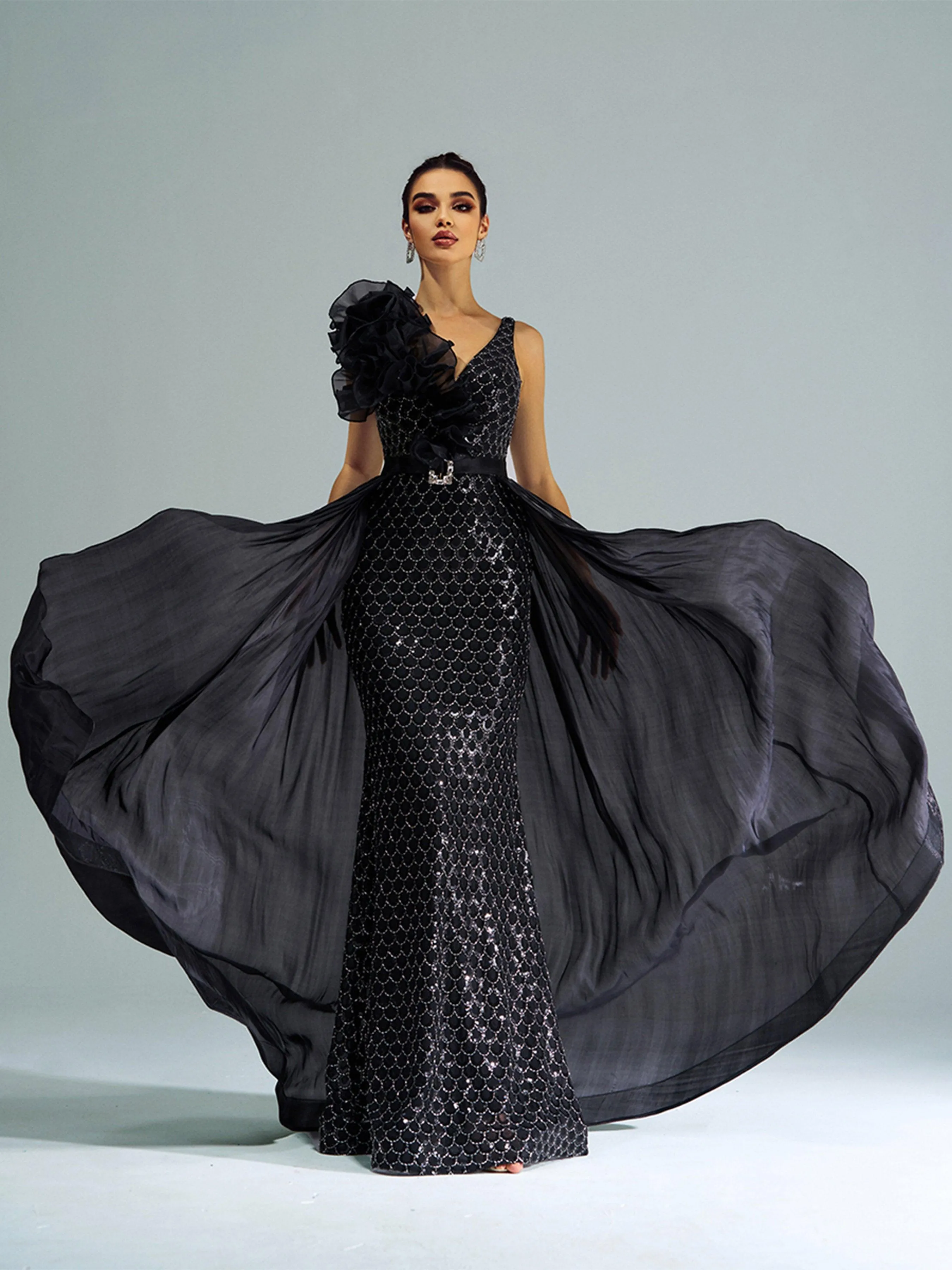 Ruffled Backless Mesh Cape Evening Dress DH80079