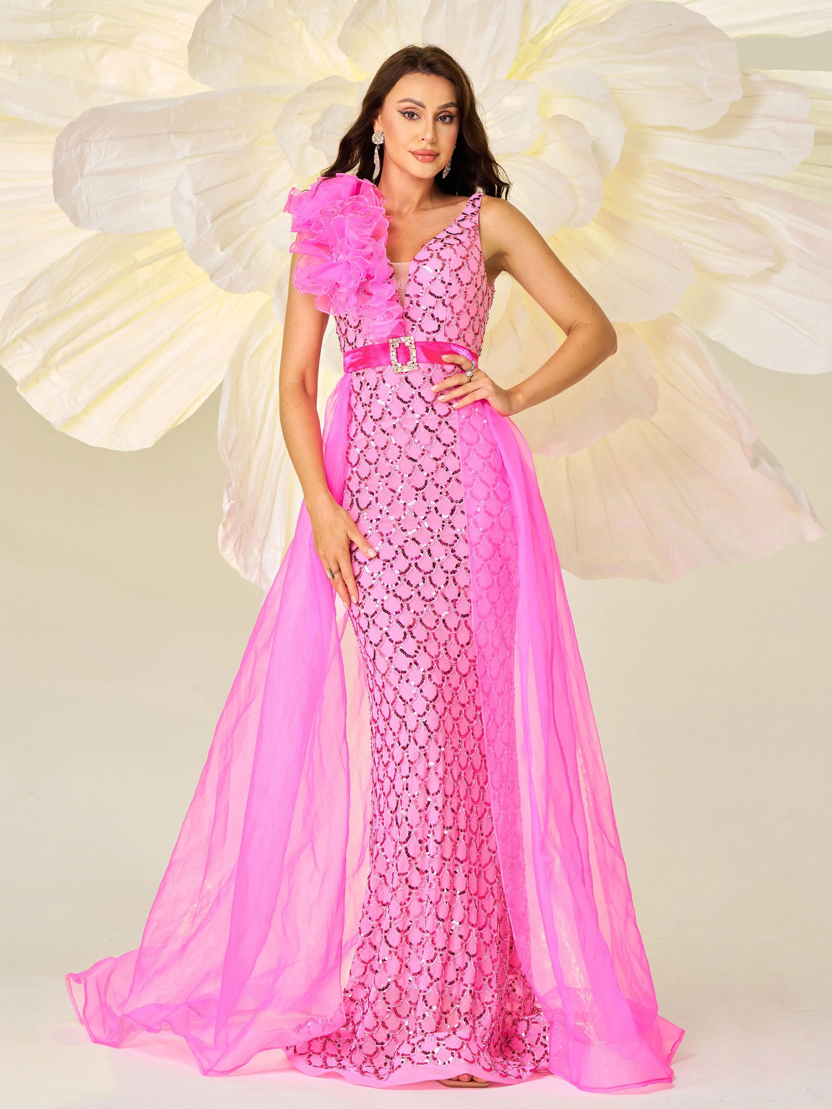 Ruffled Backless Mesh Cape Evening Dress DH80079