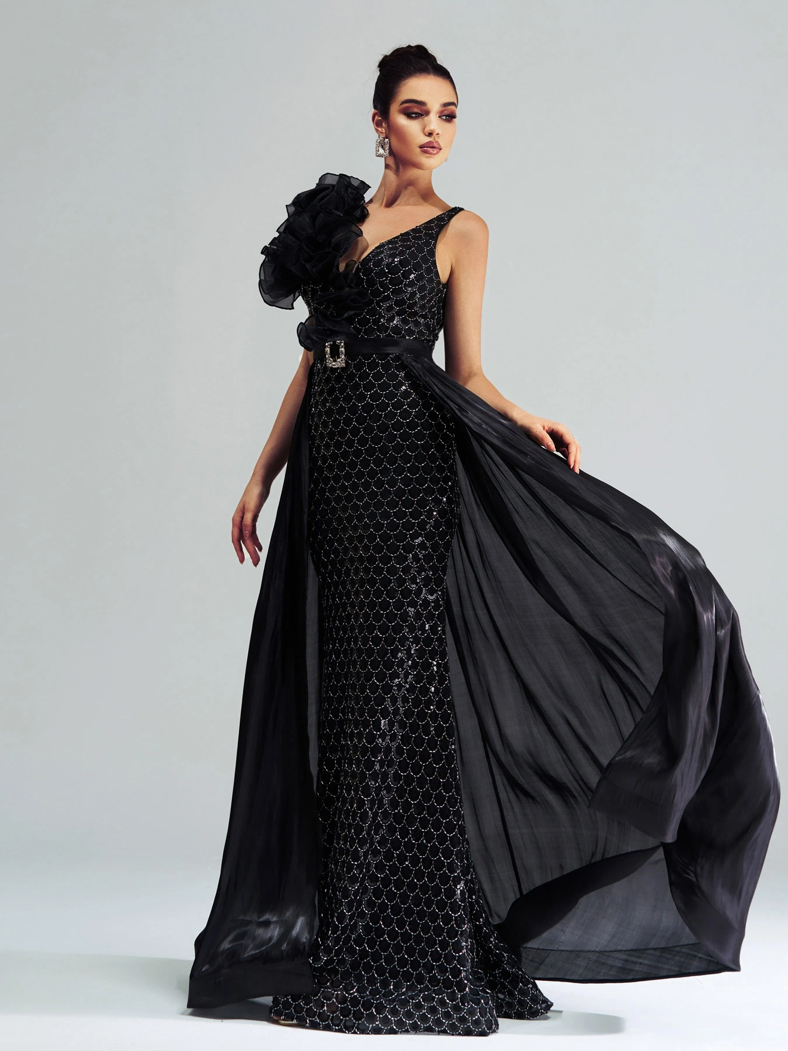 Ruffled Backless Mesh Cape Evening Dress DH80079