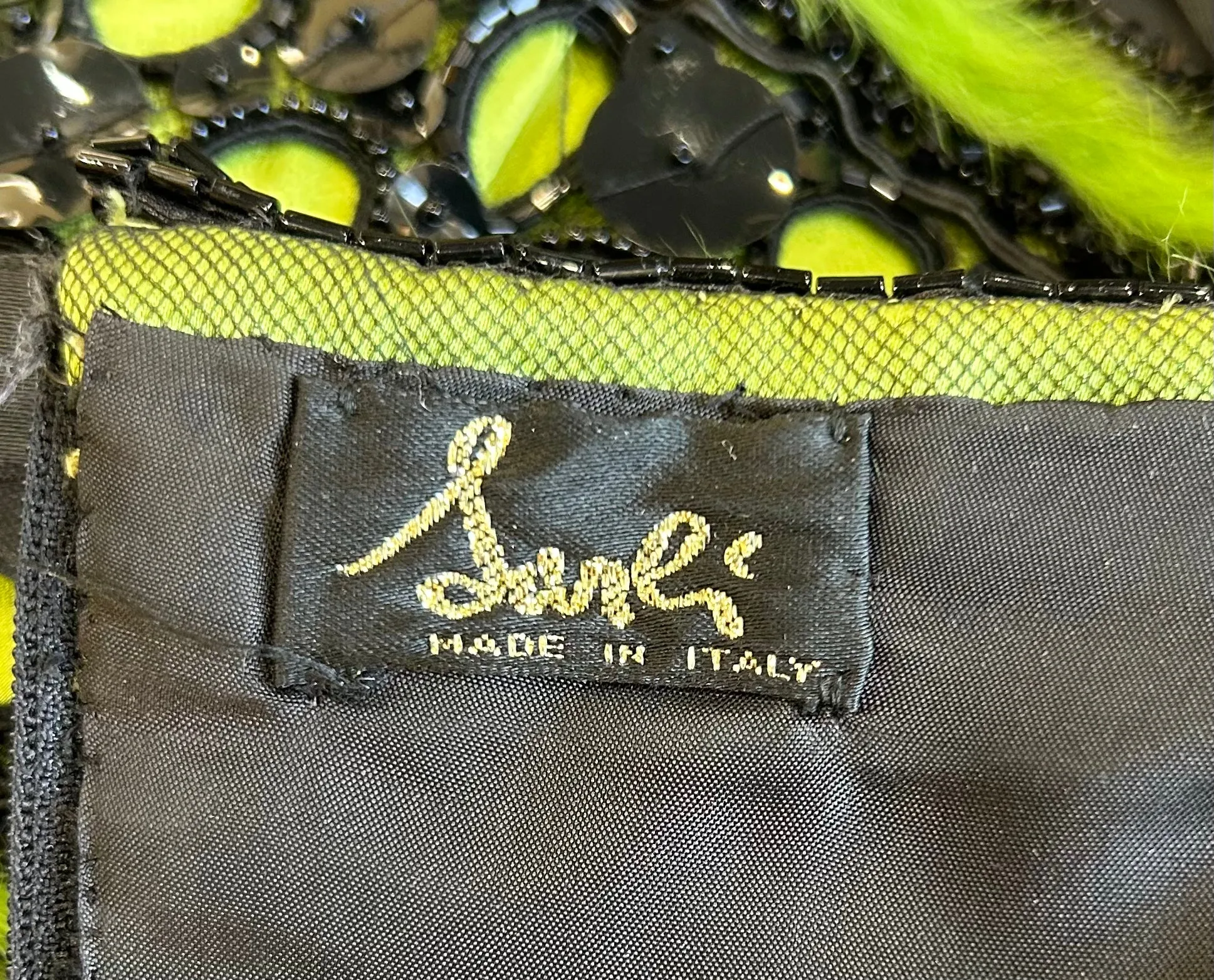 Sarli Italian Couture Fur Trimmed Green on Black Striped Gown