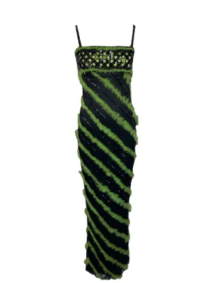 Sarli Italian Couture Fur Trimmed Green on Black Striped Gown