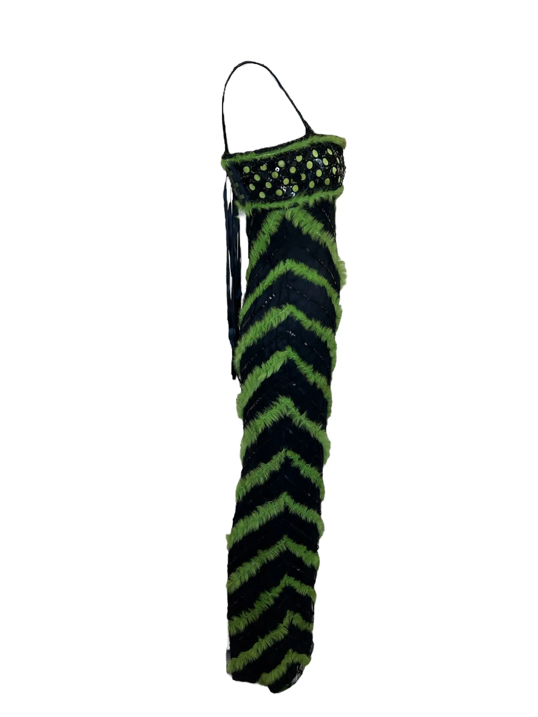 Sarli Italian Couture Fur Trimmed Green on Black Striped Gown