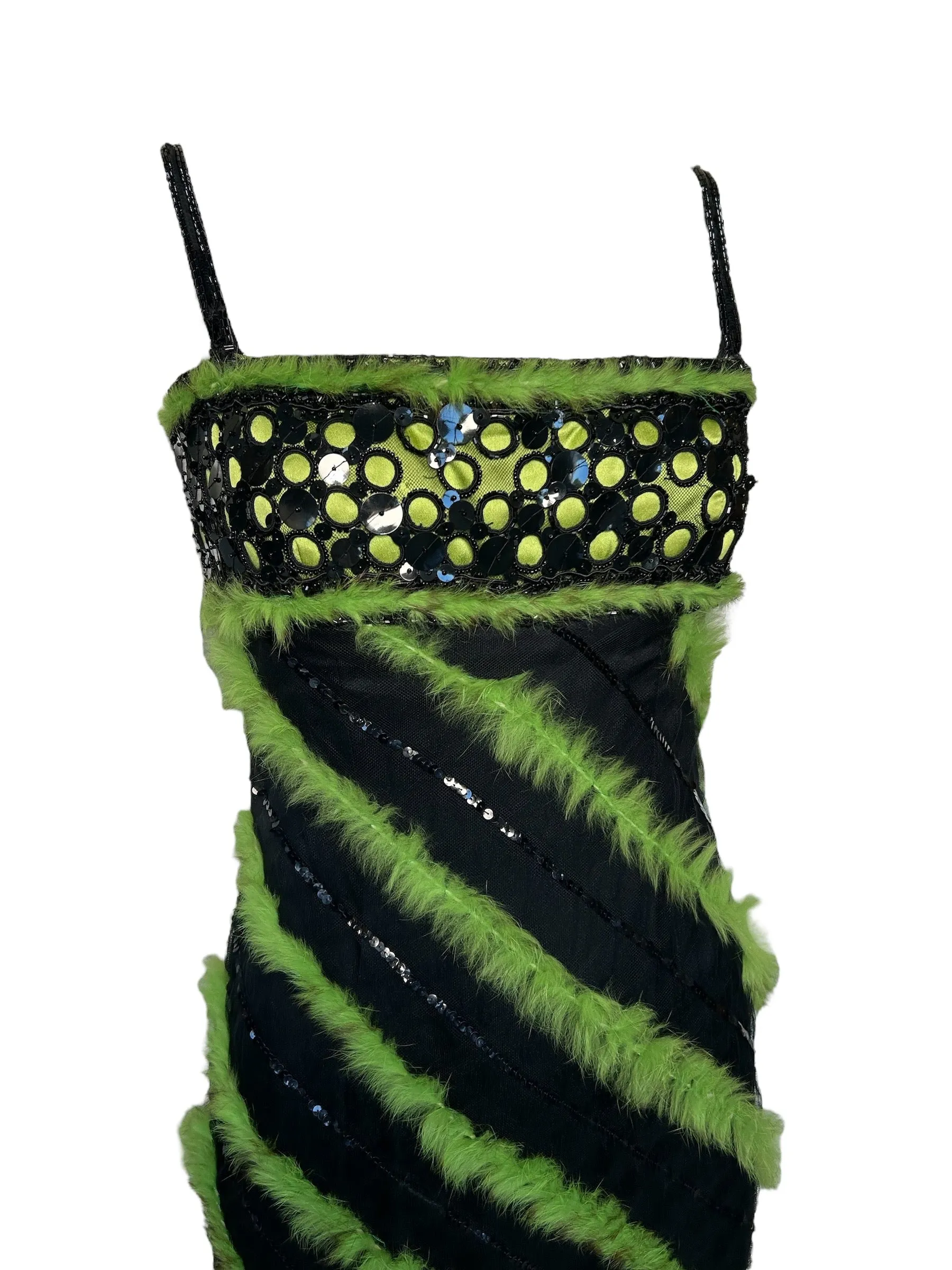 Sarli Italian Couture Fur Trimmed Green on Black Striped Gown