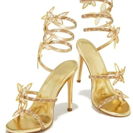 Sexy Rhinestone Butterfly Stiletto Sandals – Shiny Strap Winding Heels for Elegant Nights