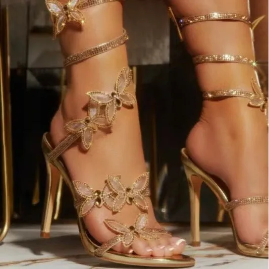 Sexy Rhinestone Butterfly Stiletto Sandals – Shiny Strap Winding Heels for Elegant Nights