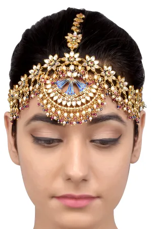 Silver Gold Plated Multi Floral Enamelled Crystal Pearl Moon Maathapatti