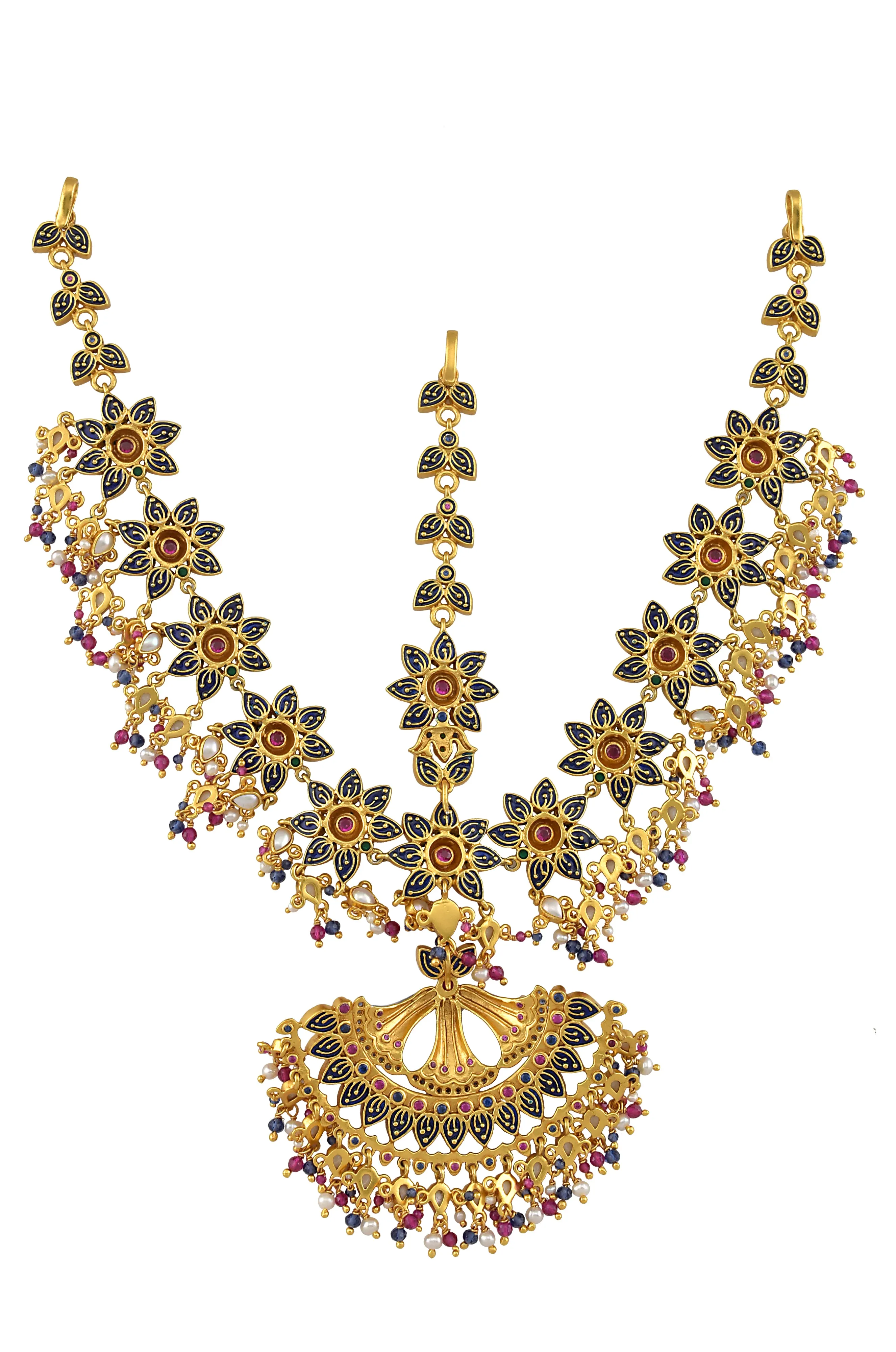 Silver Gold Plated Multi Floral Enamelled Crystal Pearl Moon Maathapatti