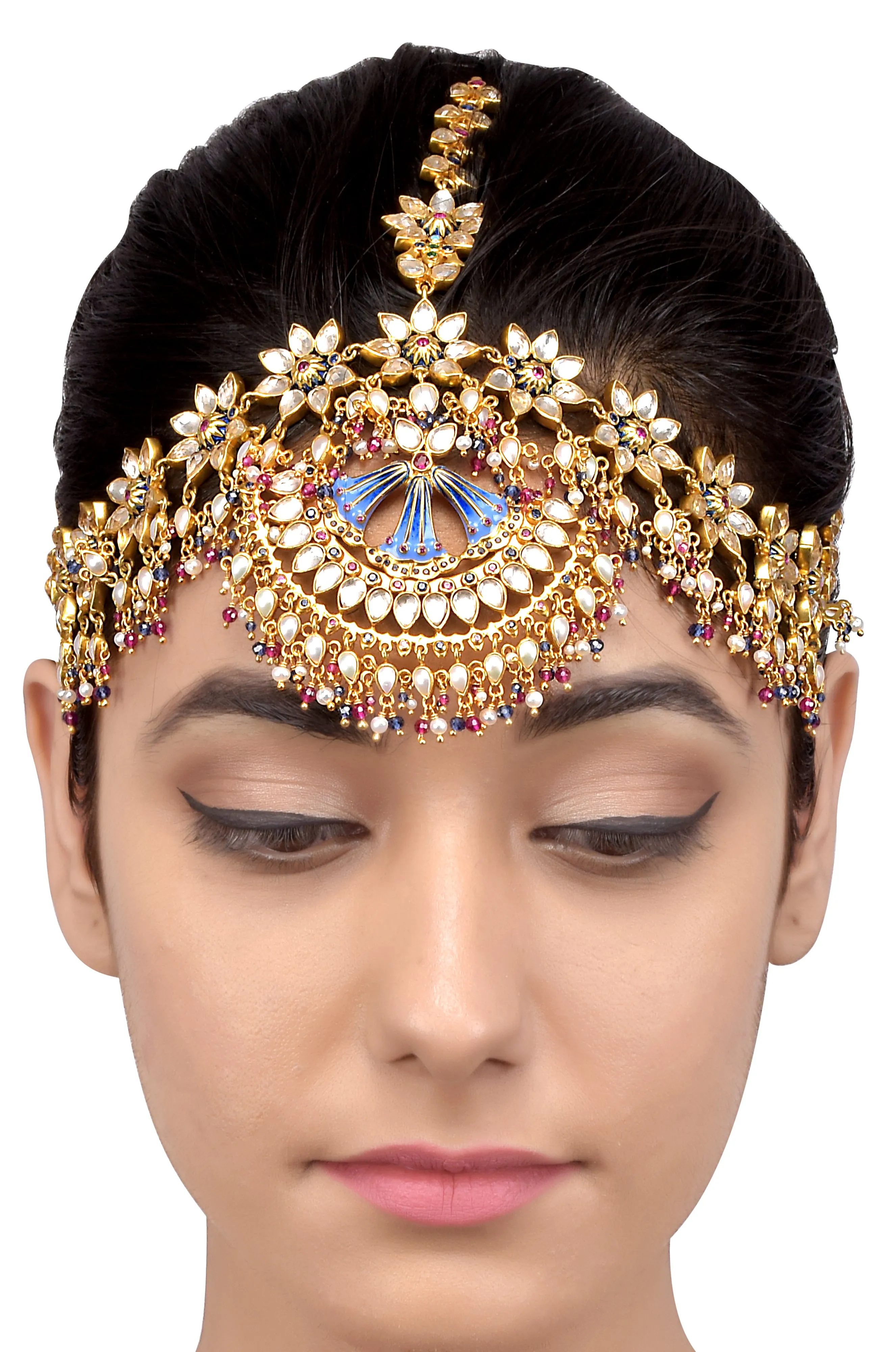Silver Gold Plated Multi Floral Enamelled Crystal Pearl Moon Maathapatti