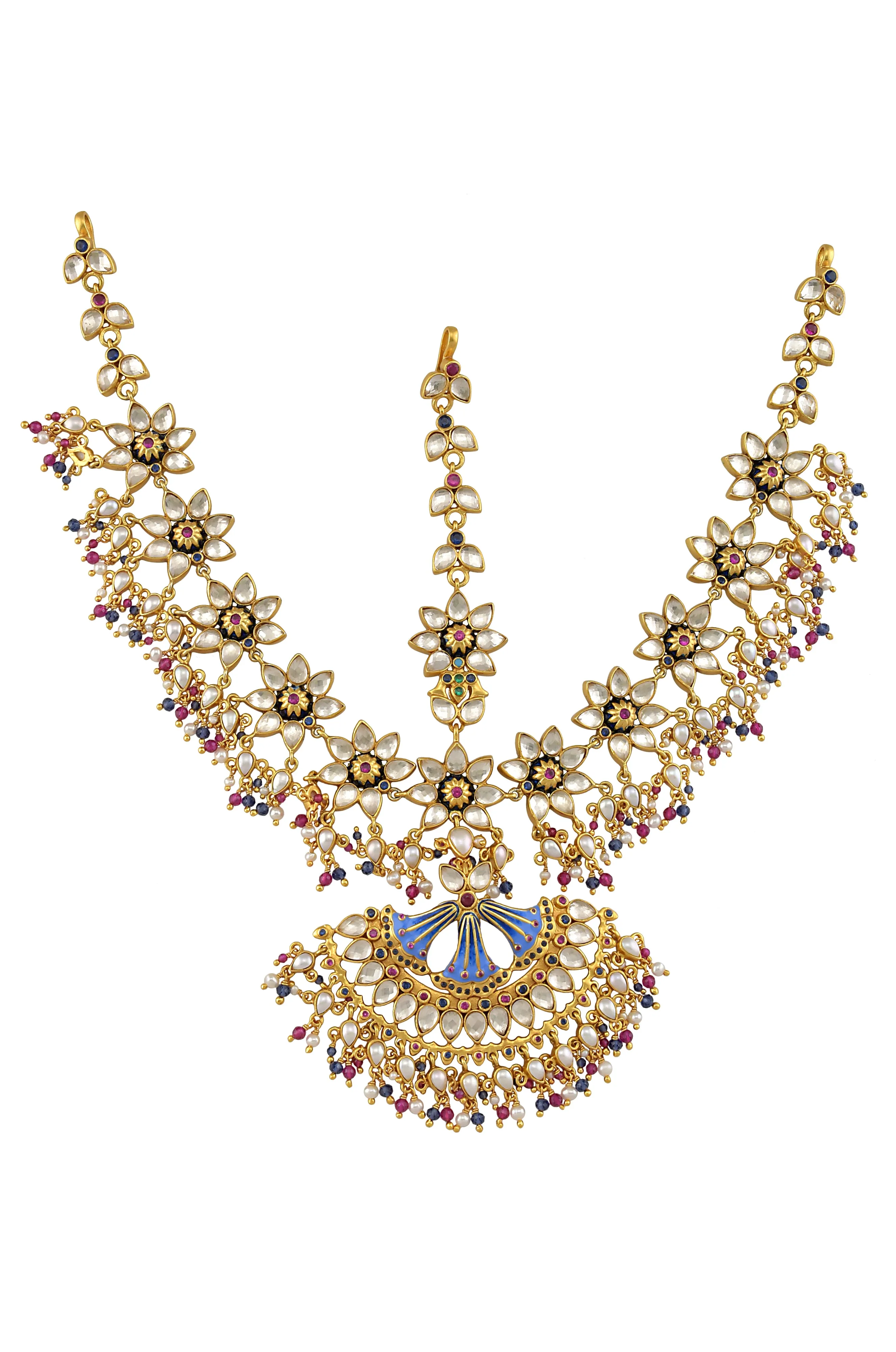 Silver Gold Plated Multi Floral Enamelled Crystal Pearl Moon Maathapatti