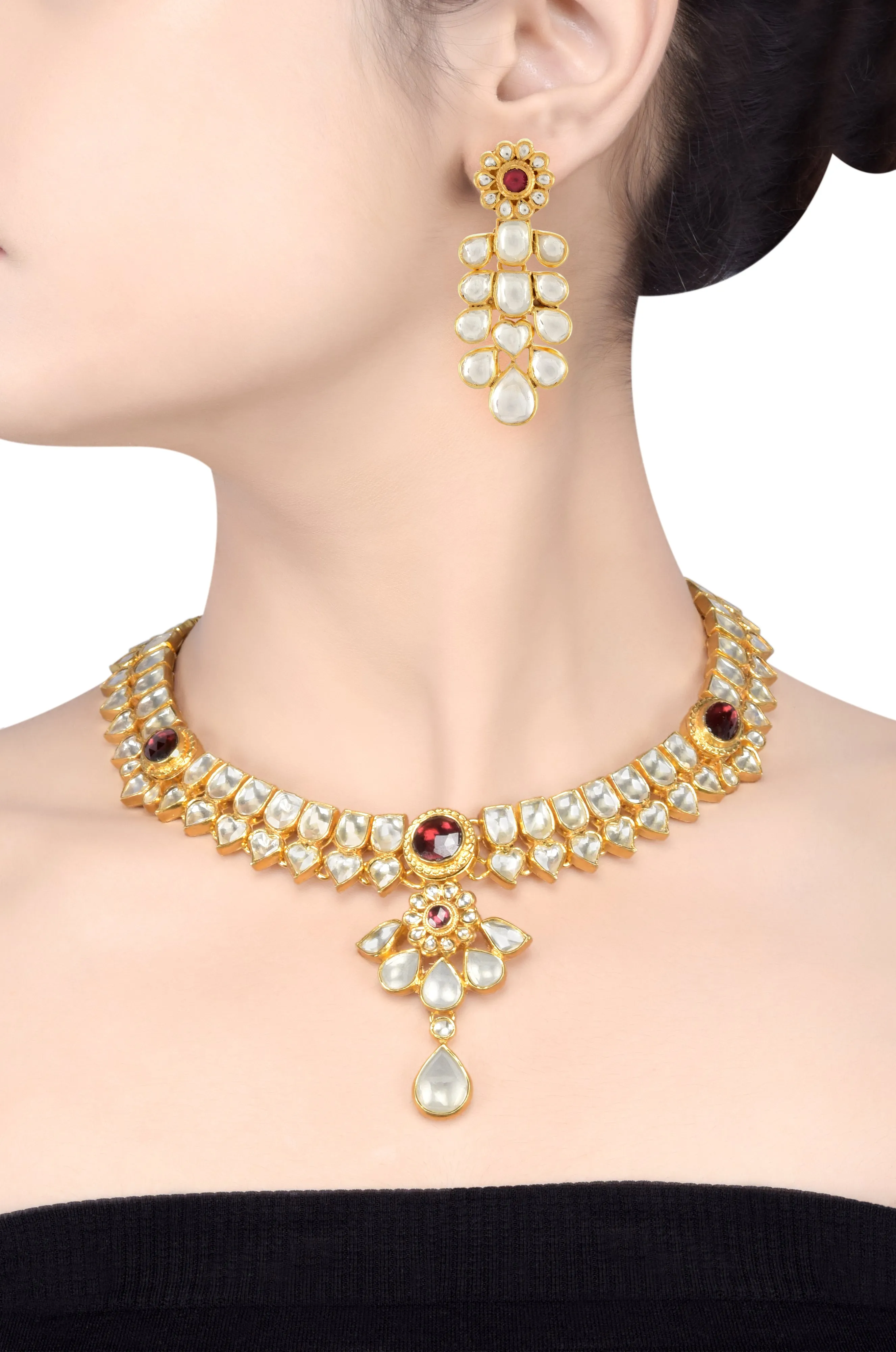 Silver Gold Plated Red White Glass Heart Flower Necklace Set