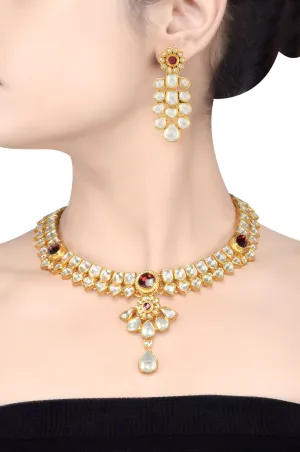Silver Gold Plated Red White Glass Heart Flower Necklace Set