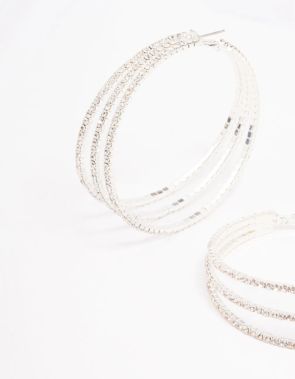 Silver Medium Triple Row Diamante Hoop Earrings