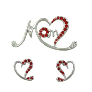 Silver Stylized Red Heart MOM Pin and Earring Set - PRF323SBS