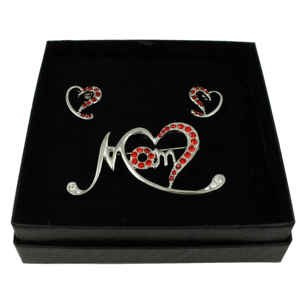 Silver Stylized Red Heart MOM Pin and Earring Set - PRF323SBS