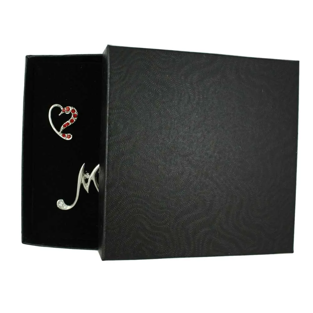 Silver Stylized Red Heart MOM Pin and Earring Set - PRF323SBS