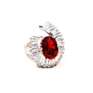 Silver Tone Statement Ring with Ruby and Baguette CZ