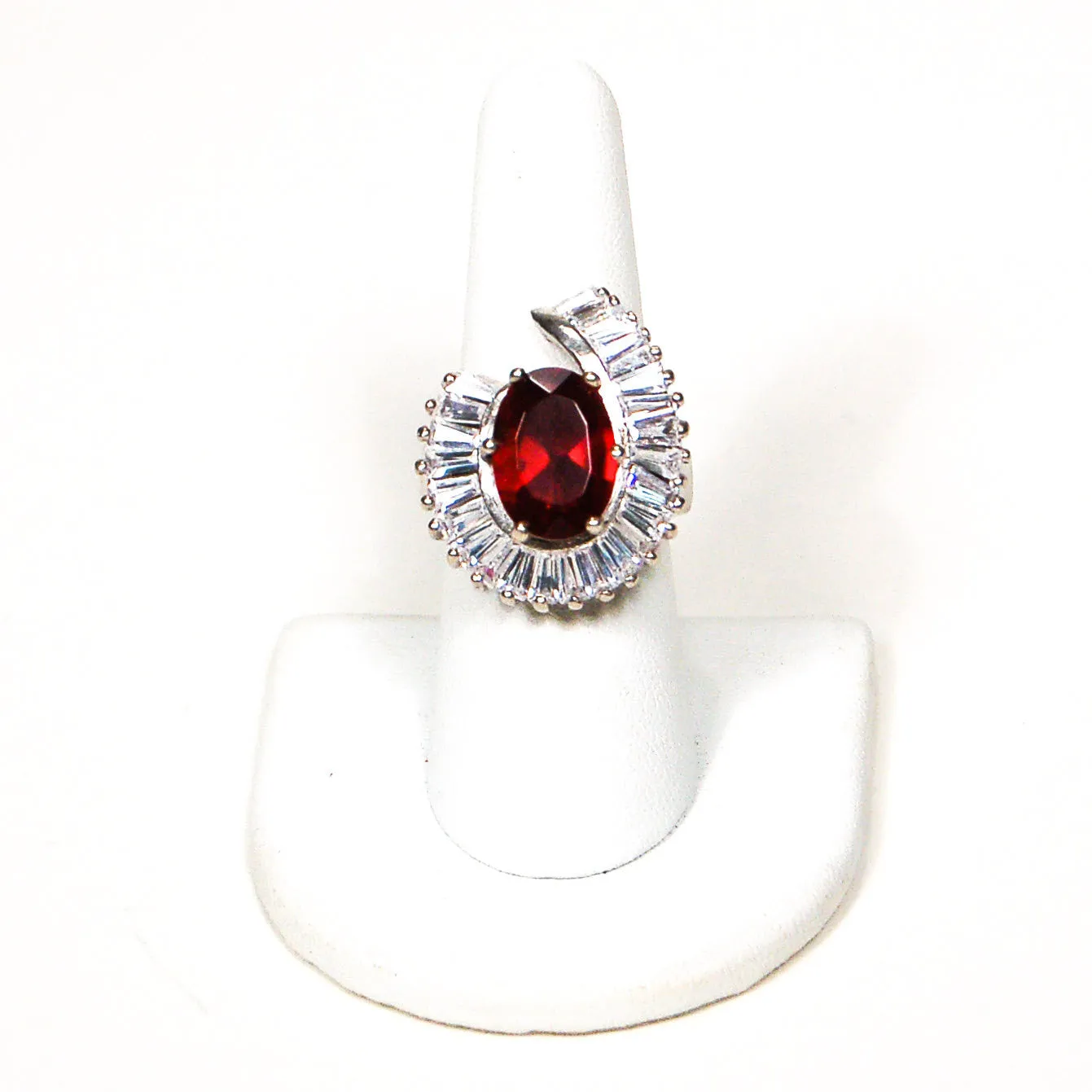 Silver Tone Statement Ring with Ruby and Baguette CZ