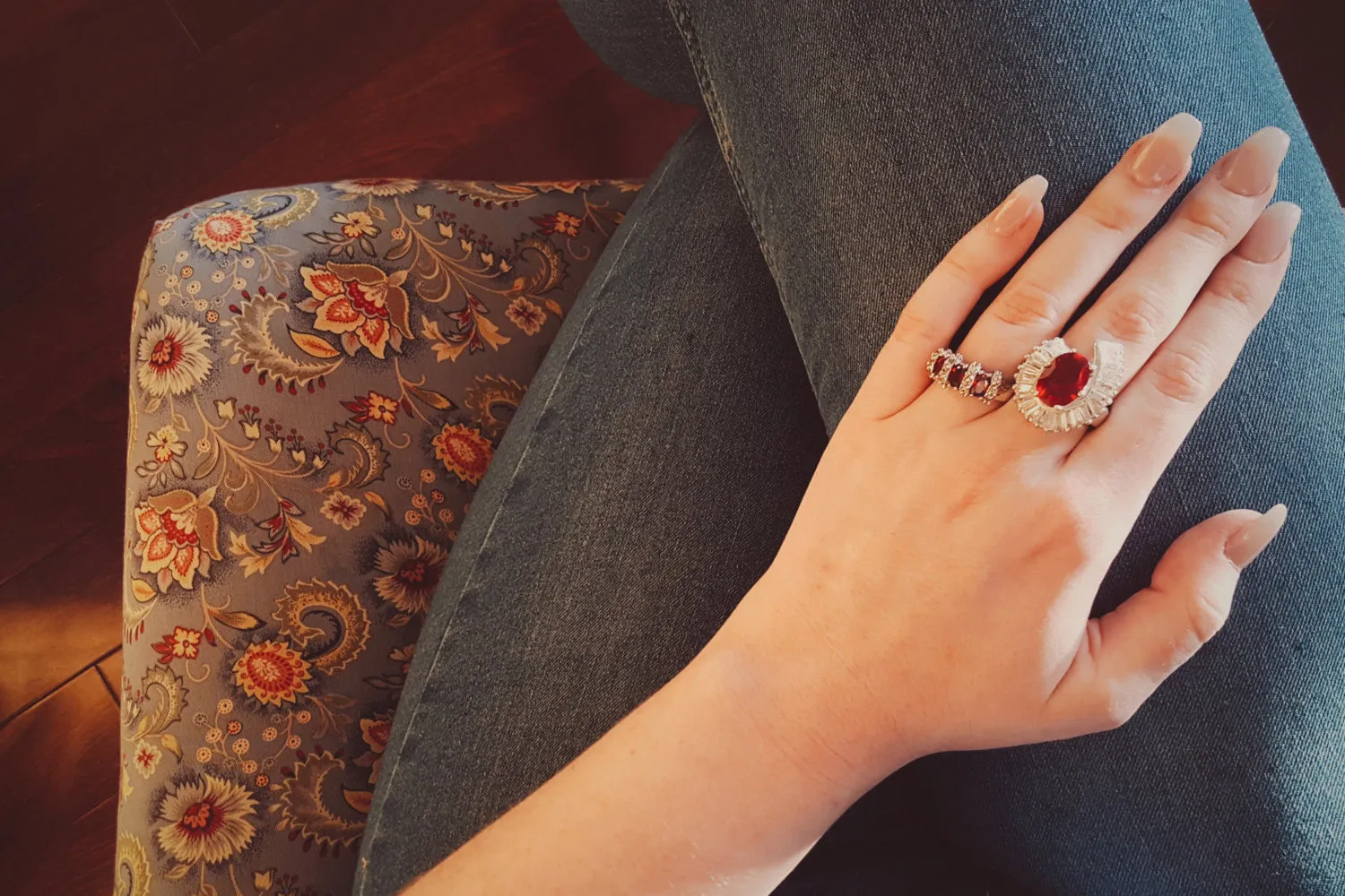 Silver Tone Statement Ring with Ruby and Baguette CZ