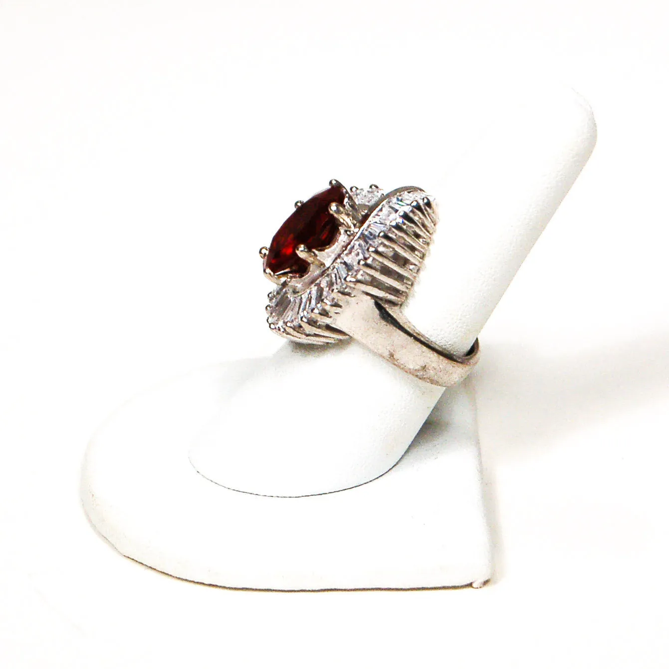Silver Tone Statement Ring with Ruby and Baguette CZ