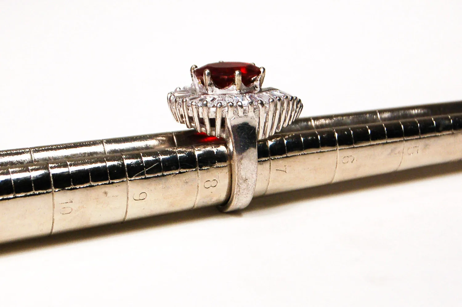 Silver Tone Statement Ring with Ruby and Baguette CZ
