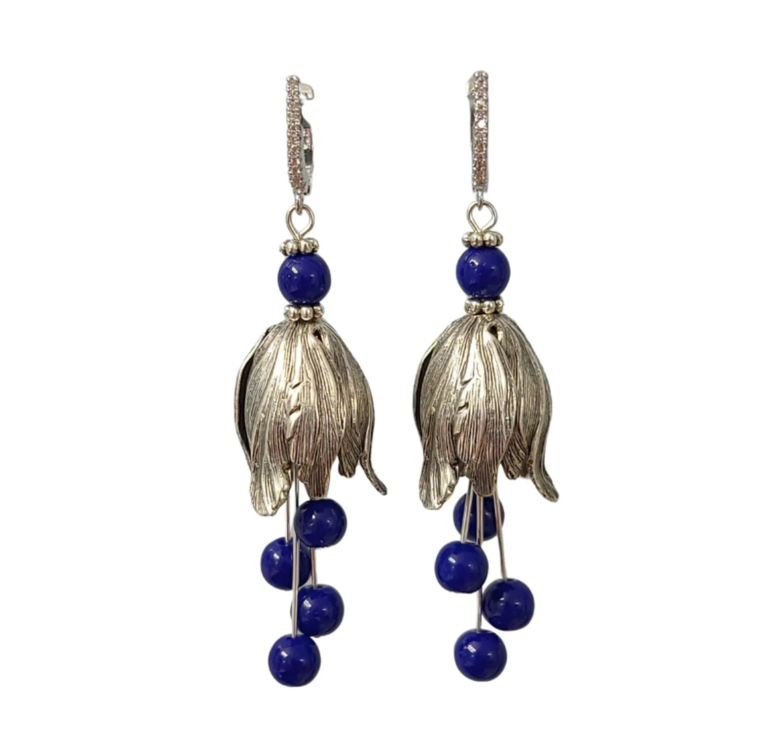Silver Tulip Earrings with Blue Bead  and Cubic Zirconia Hooks.