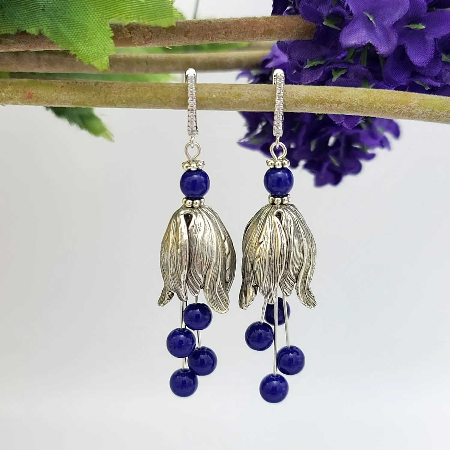 Silver Tulip Earrings with Blue Bead  and Cubic Zirconia Hooks.