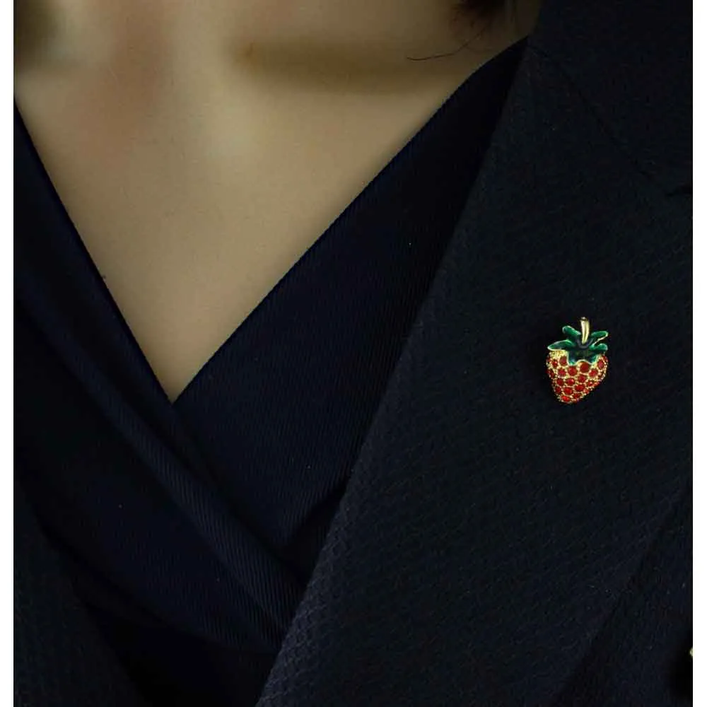 Small Red Crystal and Enamel Strawberry Lapel Tac Pin - SPF410
