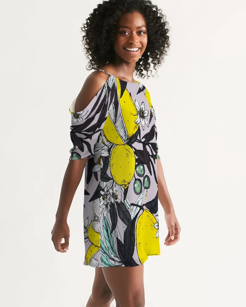 SMF Purple Olives Feminine Open Shoulder A-Line Dress