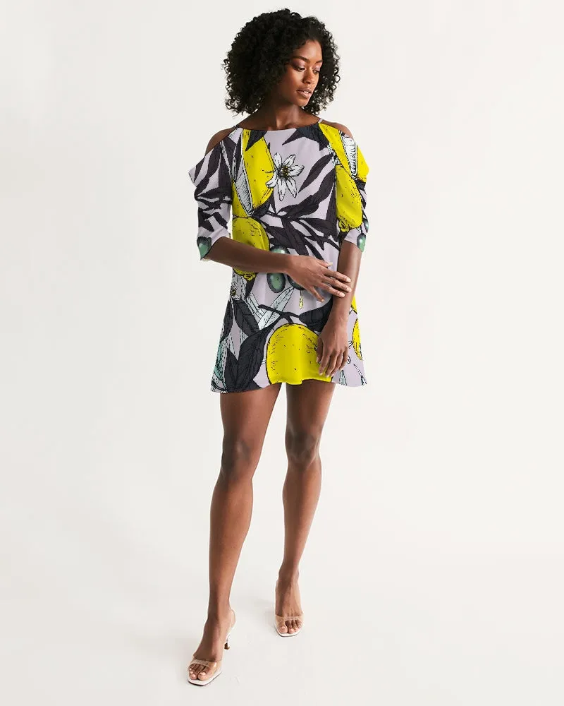SMF Purple Olives Feminine Open Shoulder A-Line Dress