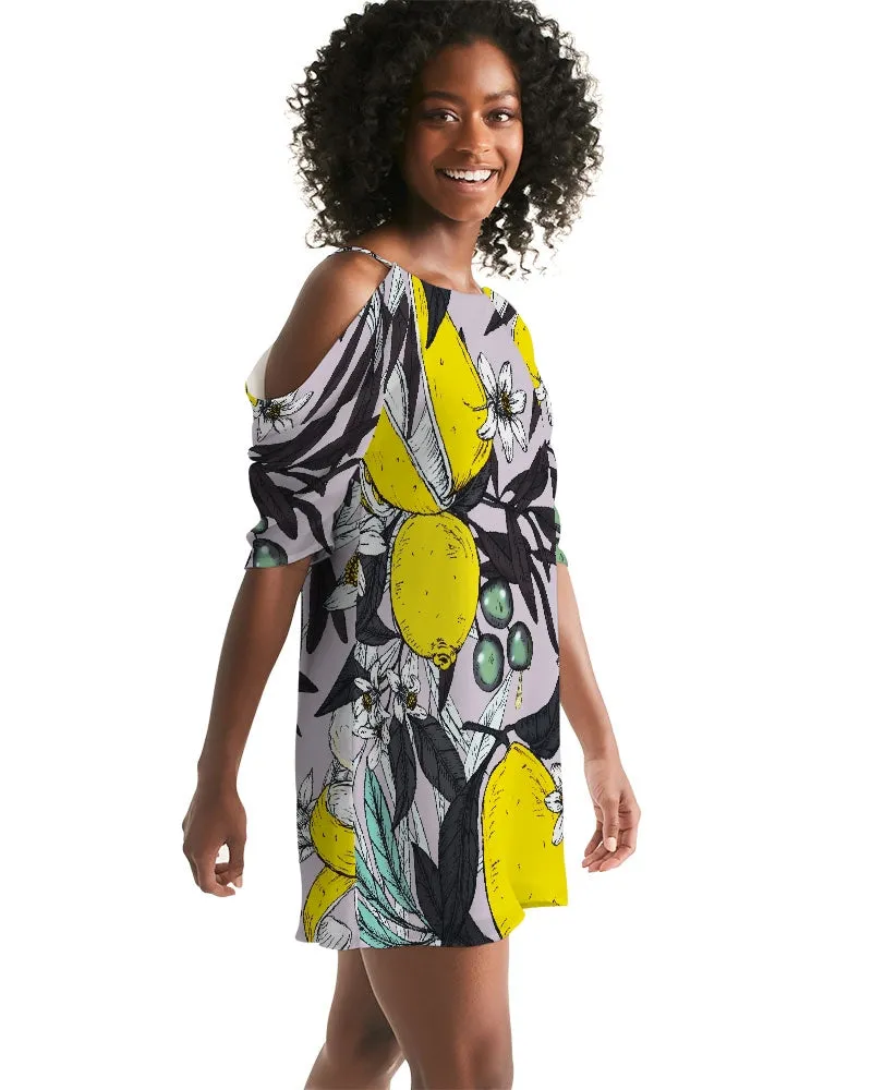 SMF Purple Olives Feminine Open Shoulder A-Line Dress