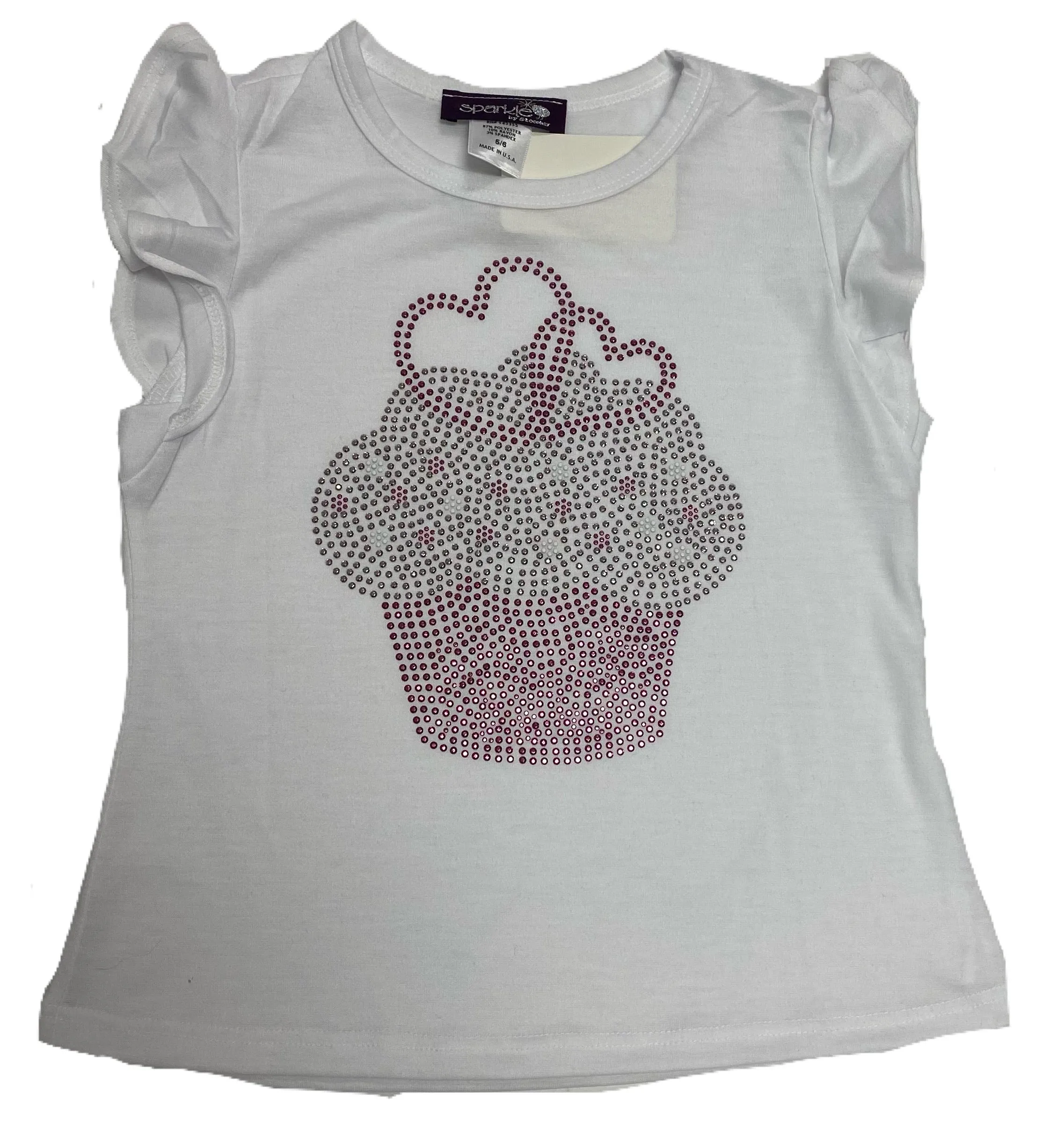 Sparkle by Stoopher Cupcake w/Hearts White Ruffle Sleeve Tee