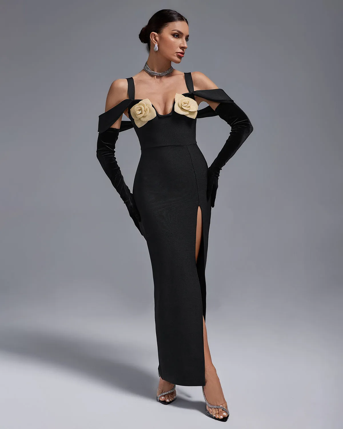 Sparkly Rose High Slit Bandage Dress With Gloves
