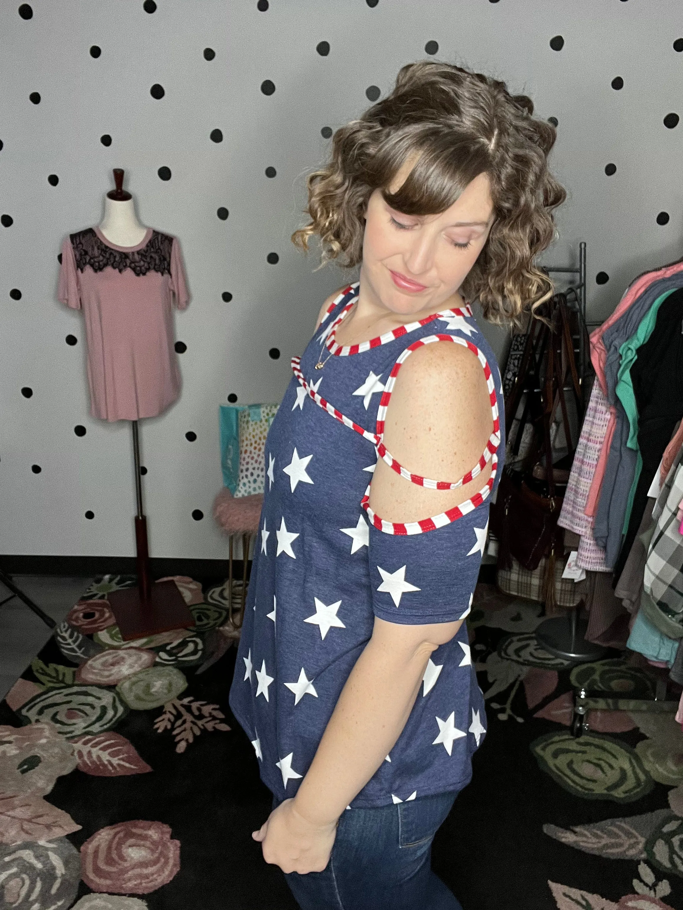 Star & Stripe Open Shoulder Top