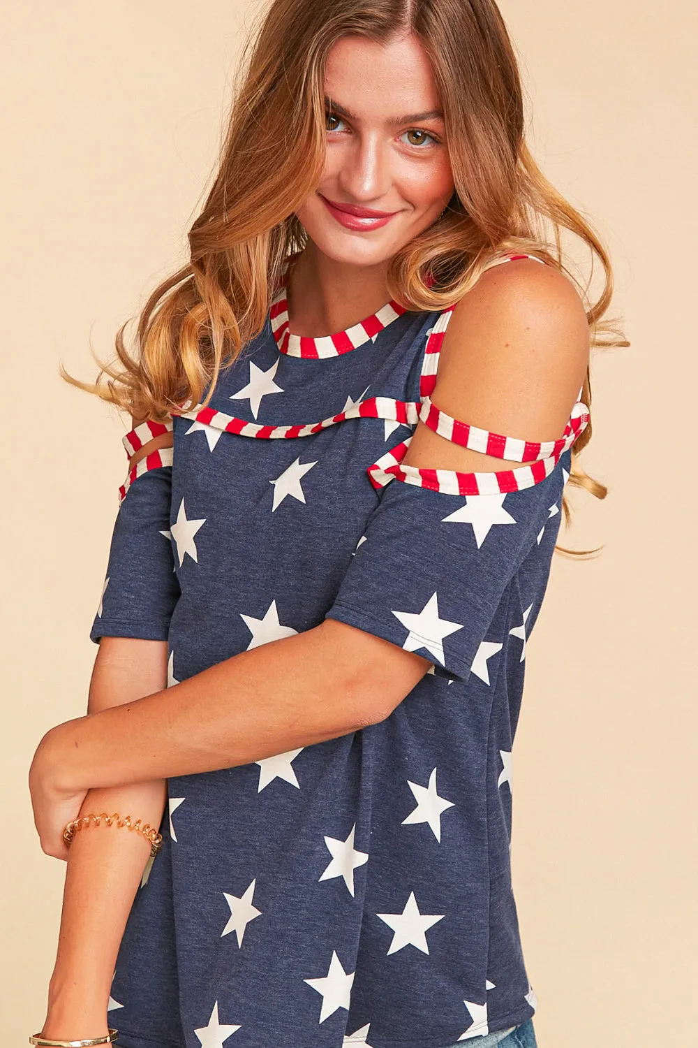 Star & Stripe Open Shoulder Top