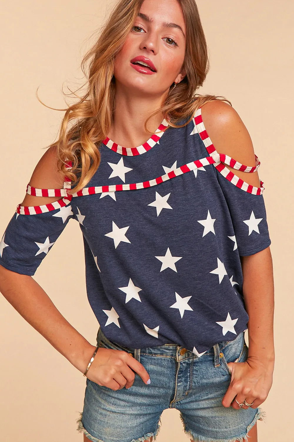 Star & Stripe Open Shoulder Top